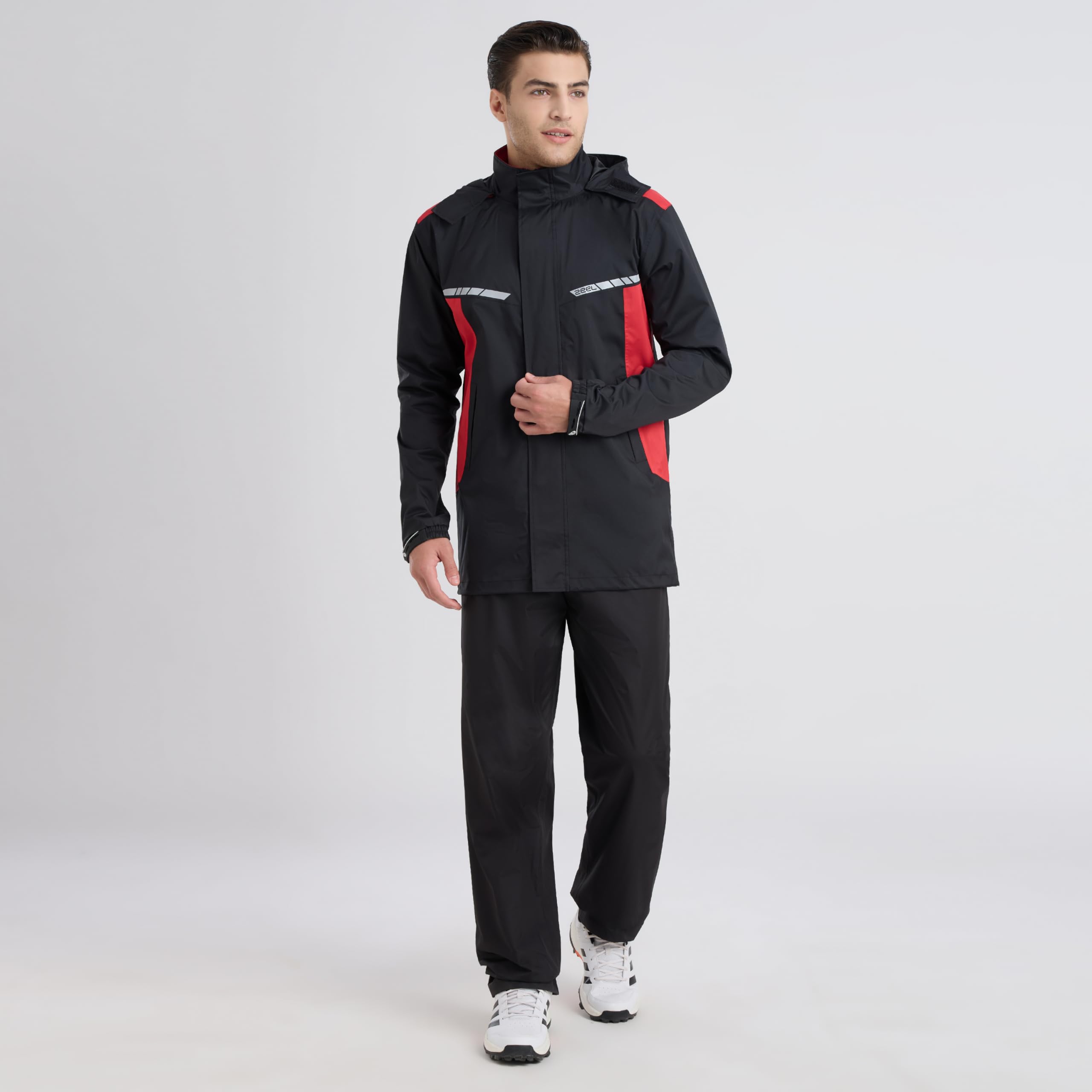 ZEEL Raincoat with Adjustable Hood, Polyester Waterproof Full Sleeves, Backpack Friendly Pleate, Top and Bottom Set Rainwear, Front Zip with Snap Button Flap (EJS502, Black-Red, XL)
