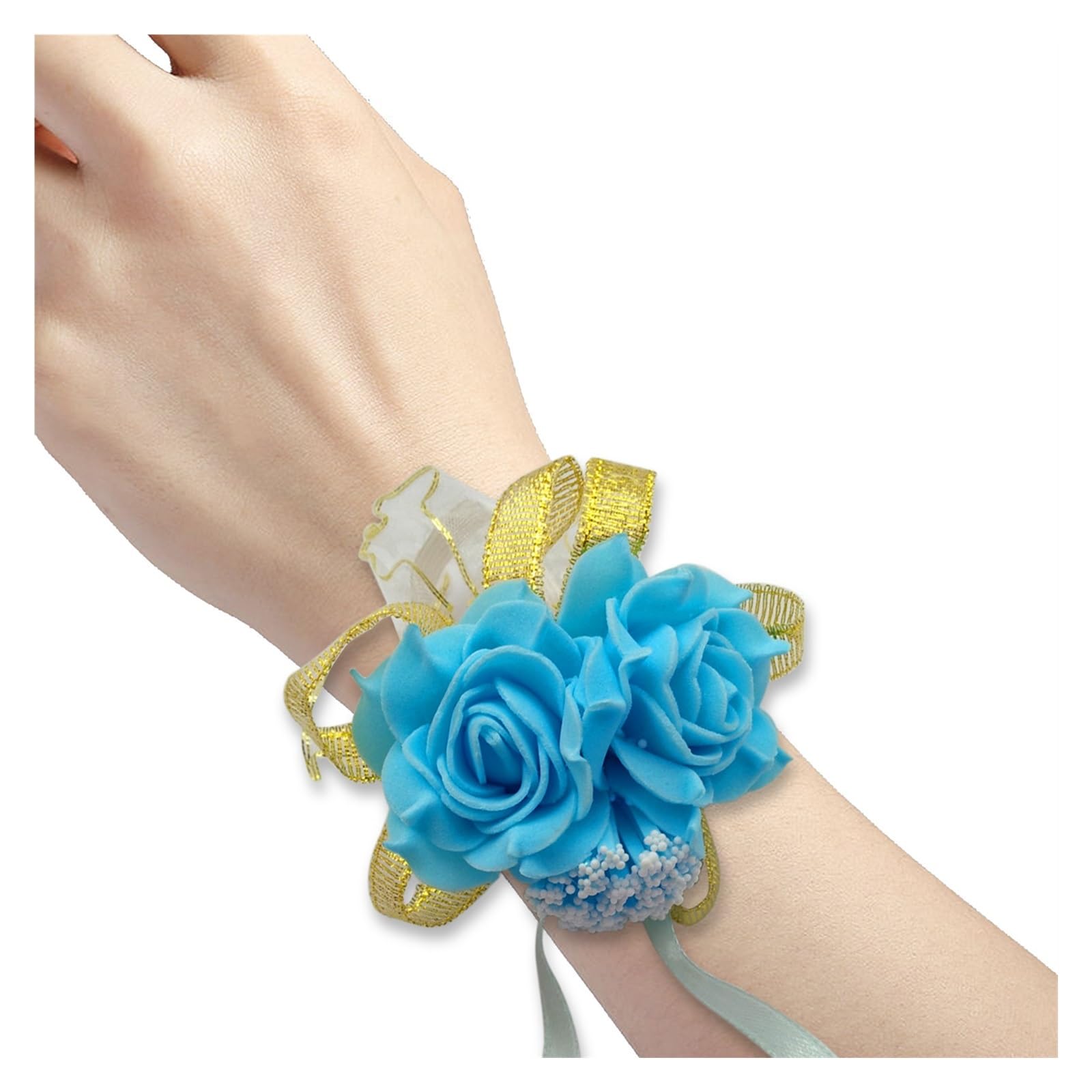 TXLEAPEY Foam Rose Flowers Bridal Bridesmaid Wrist Corsage Wedding Party Ribbon Bracelet(Blue)
