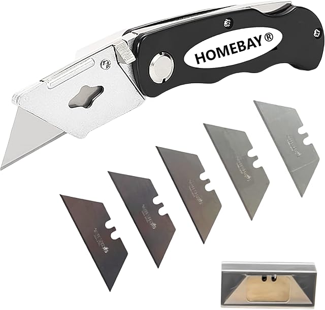 Heavy Duty Utility Knife & 5 SK5 Blades | Stainless Steel Metal Tradesman Camping Pocket Folding Knife Box Cutter with Belt Clip & Safety Lock UK Legal