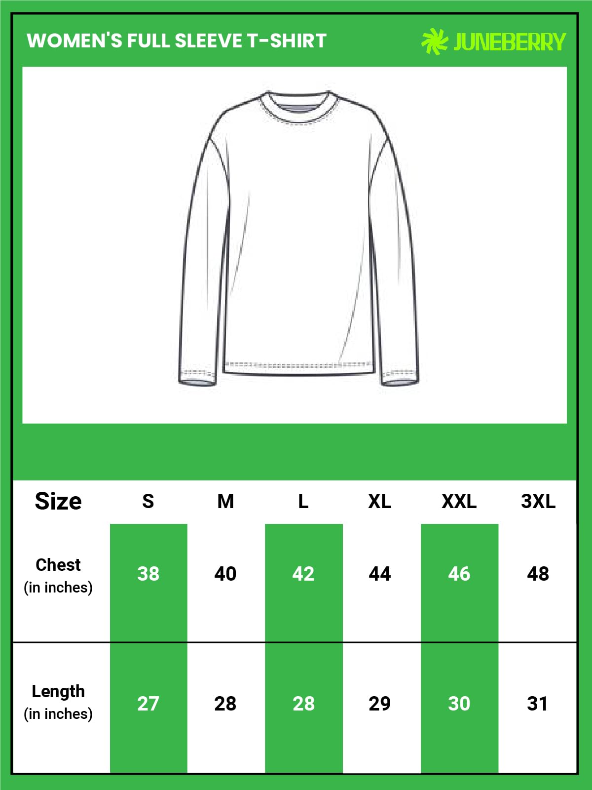JUNEBERRY® T-shirt a maniche lunghe in puro cotone a tinta unita per donne e ragazze (taglie: dalla S alla 2XL)