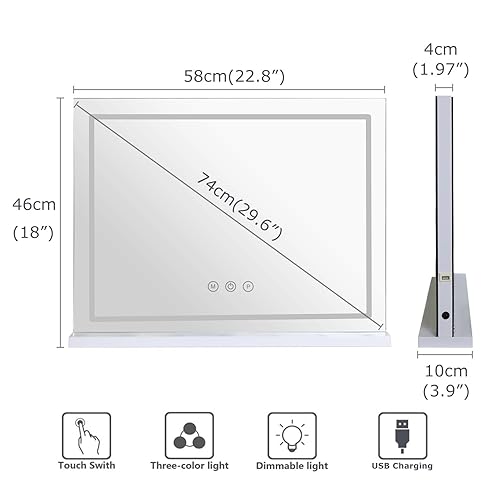Miniatura 4 de Espejo de tocador de maquillaje con luces, 22.8 x 18.1 pulgadas, espejo grande con luz LED con aumento de 10 veces y puerto de carga USB, toque