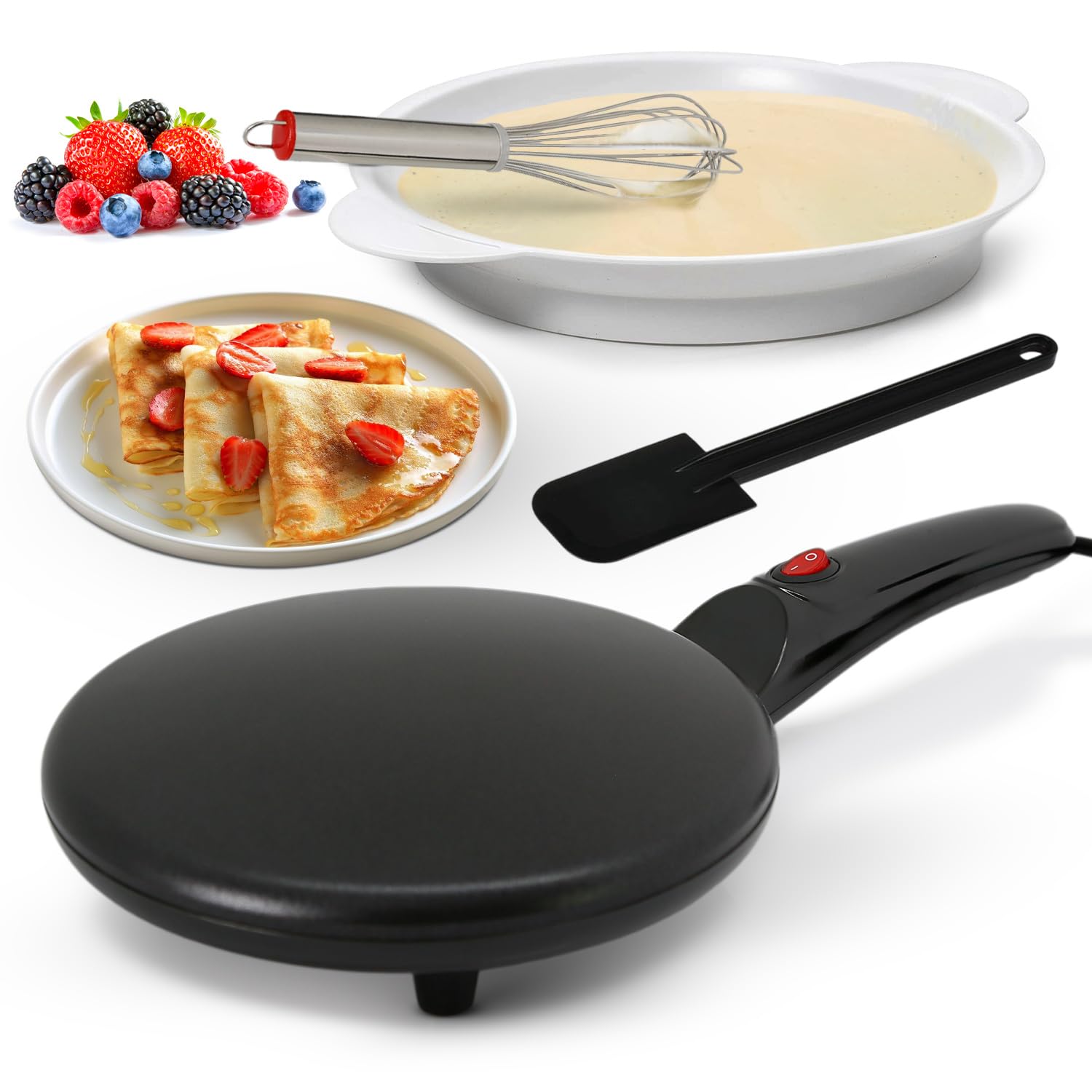 Nutrichef Electric Crepe Maker | 8-inch Nonstick Cooktop with On/Off Switch | Cooks Roti, Tortillas & Pancakes | Automatic Temperature Control & Cool Touch Handle | Includes Food Bowl, Whisk & Spatula