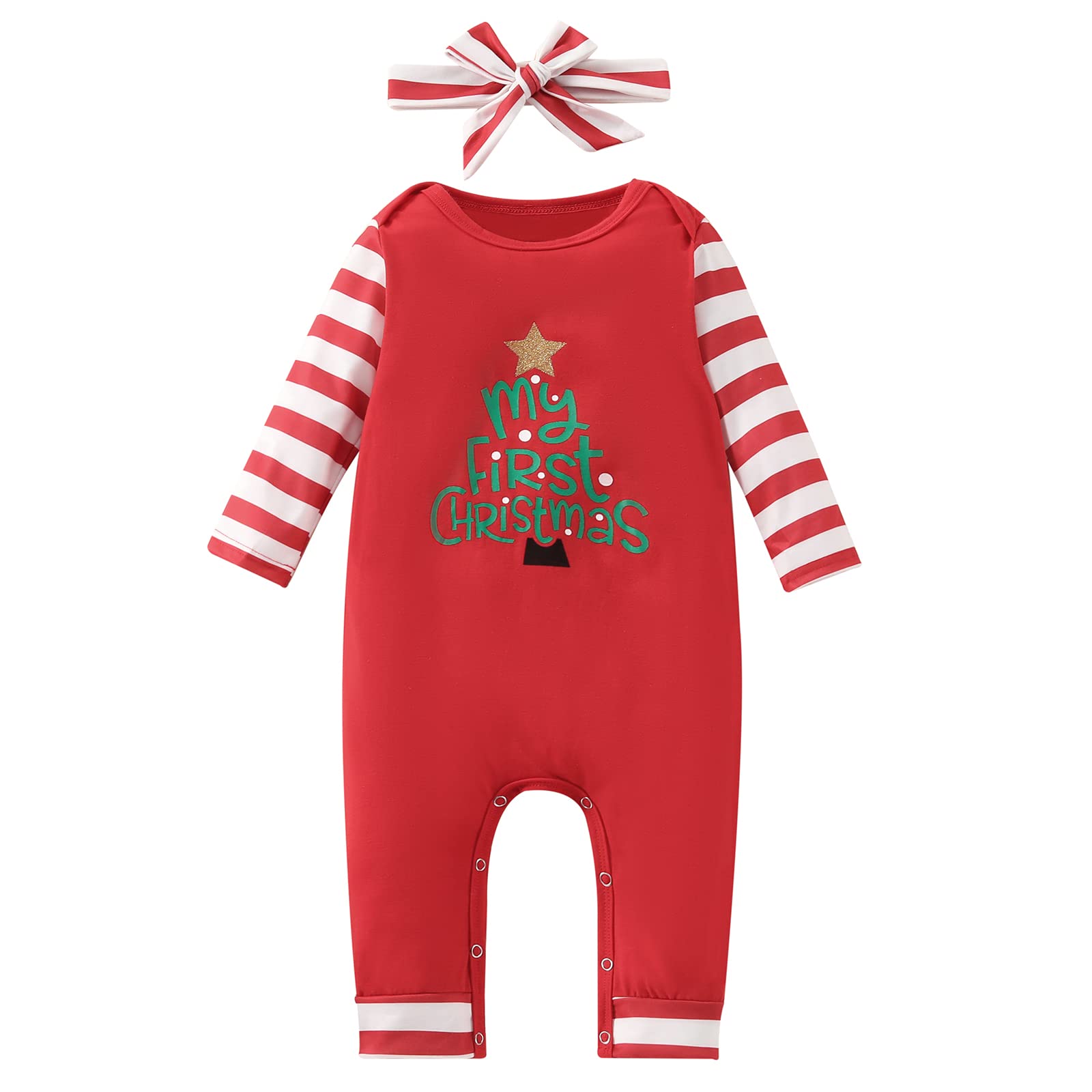 Yoiwhaayo Newborn Baby Boy Girl Christmas Outfit Fall Winter Long Sleeve Flare Pants Romper Bodysuit Jumpsuit with Headband (Striped Red, 0-6 Months)
