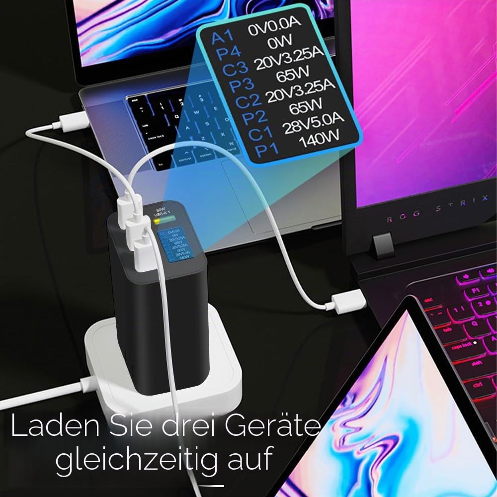 Gan Ladegerät 280 W mit OLED-Display, 4-Port GaN Typ-C Adapter mit 3 USB C+1USB-A,PD 140 W Schnellladegerät,Universal-Ladegerät für Europa,USA,Australien und Großbritannien（schwarz）