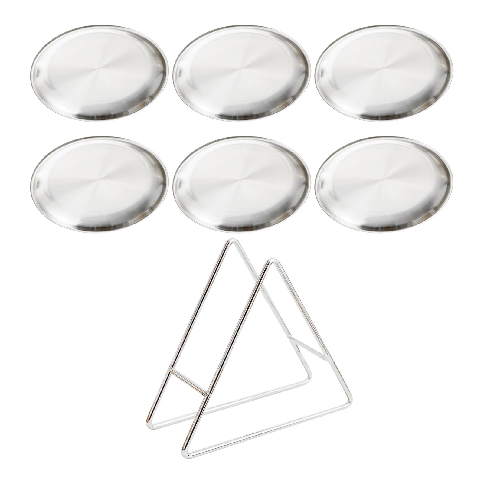 NVOQILIN 6 Piece Stainless Steel Dessert Plates Set with Triangle Rack, Multipurpose for Snacks and Appetizers, Modern Design for Kitchen Organization Treat Dishes
