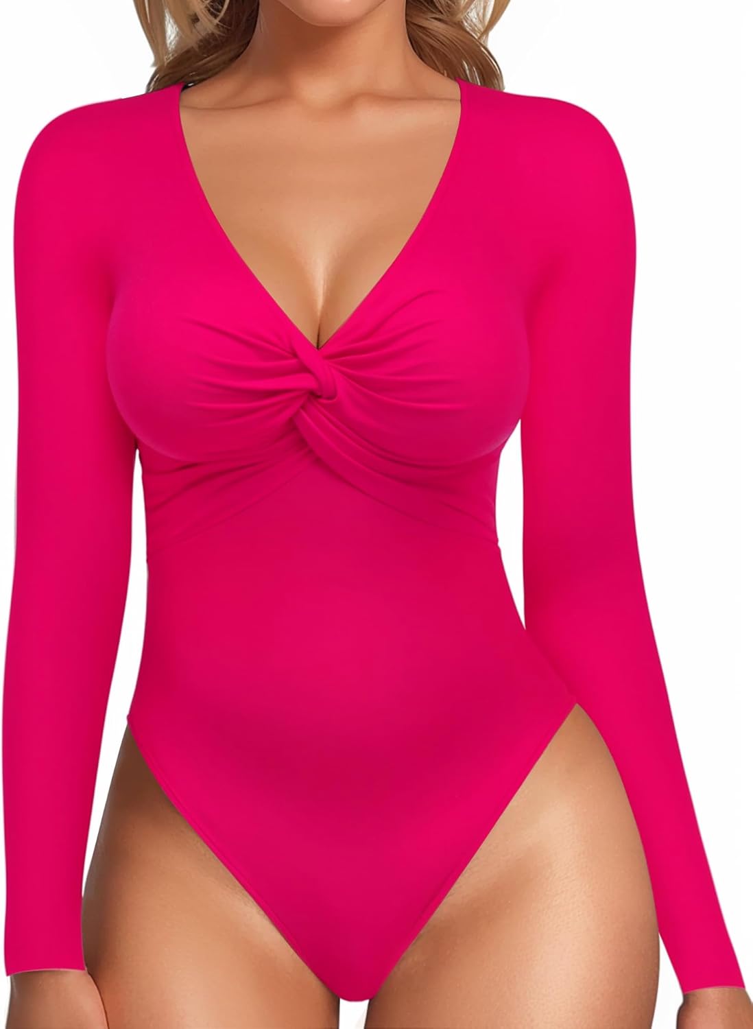 MANGOPOP Bodysuits for Women Deep V Neck Twist Knot Fitted Long Sleeve Bodysuit Basic Tops Casual T Shirts