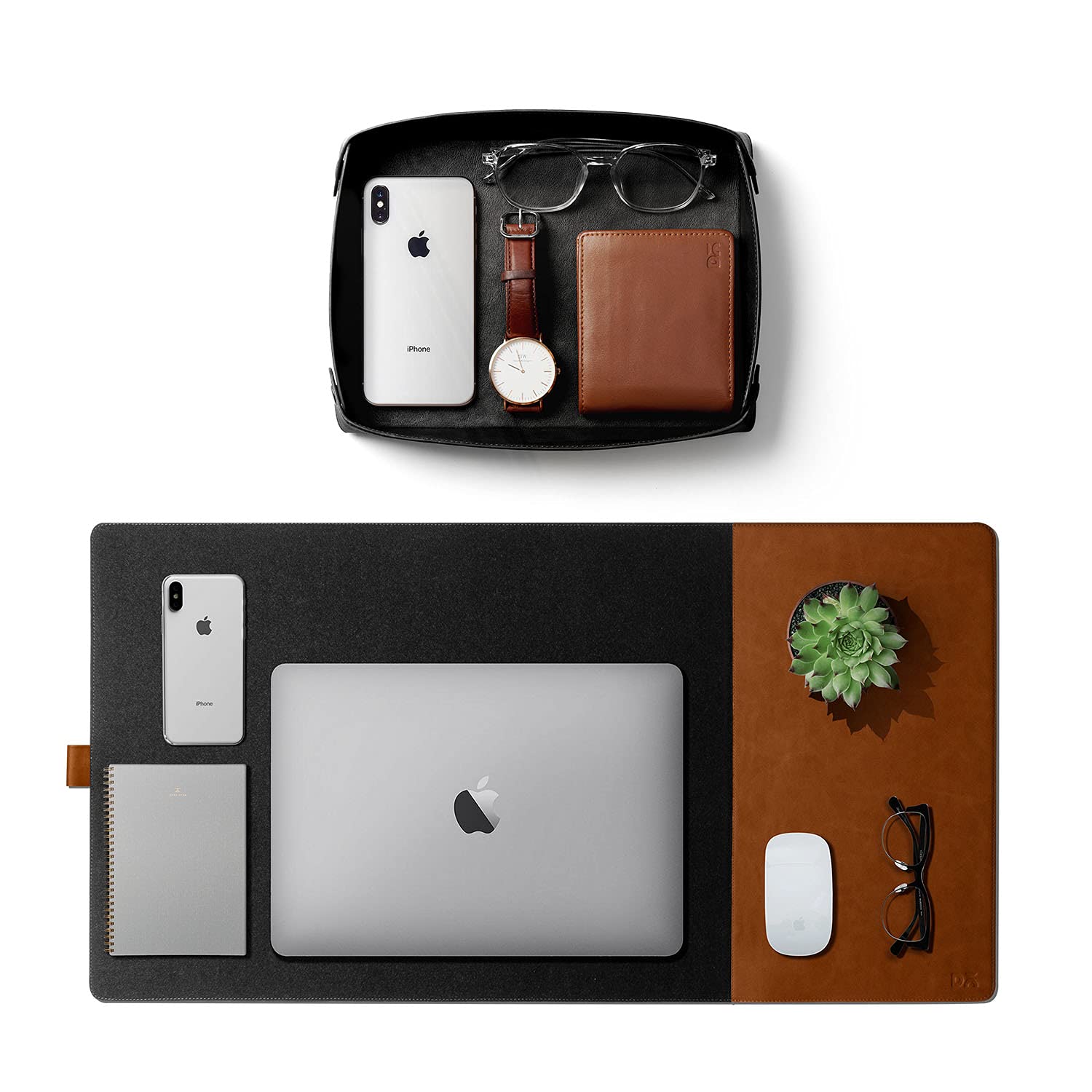 Sponsored Ad - DailyObjects Combo Super Smooth Vegan Leather Reversible, Anti Slip, Water Resistent Felt Turf 2.0 Desk Mat | Vegan Leather Black Desk Tray Organiser - Set of 2