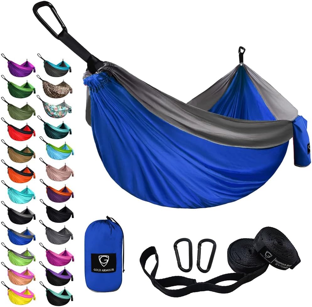 Gold Armour Camping Hammock - XL Double Hammock Portable Hammock Camping Accessories Gear for Outdoor Indoor with Tree Straps, USA Based Brand (Blue and Gray)