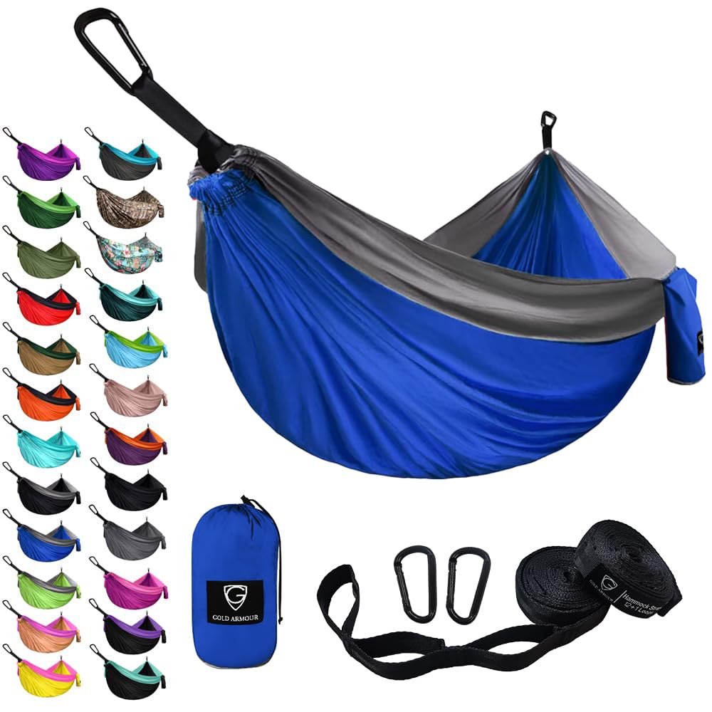 Hamaca de camping GA - Hamaca de doble paracaídas XL (2 correas de trébol 16 pestañas / 10 pies incluidas) Hamaca portátil de nailon ligero, la mejor hamaca doble de paracaídas, azul/gris