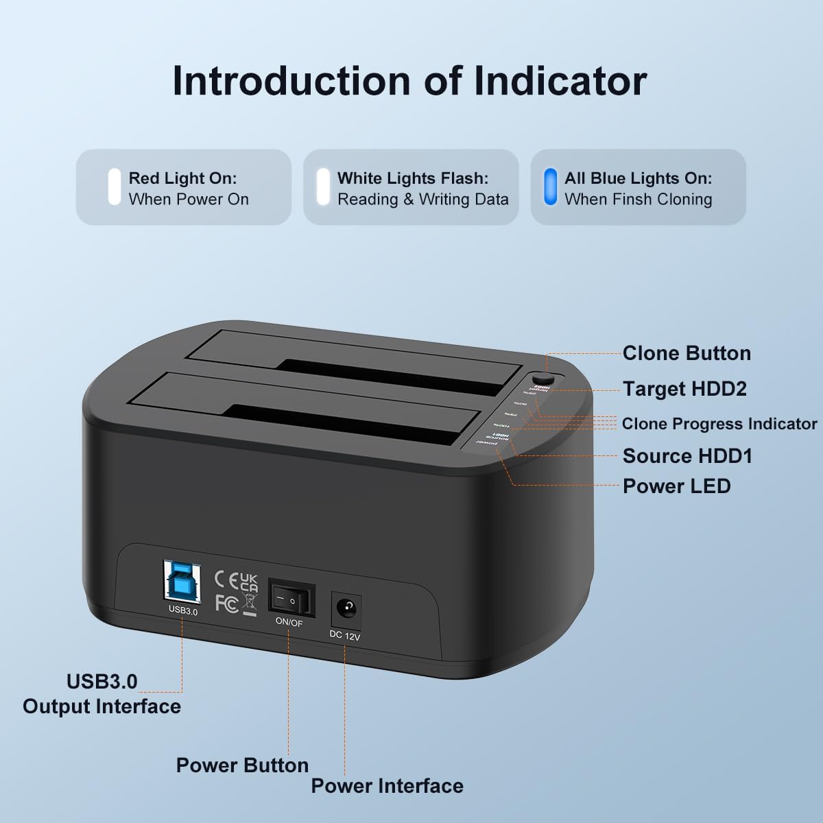 MAIWO Station d'accueil pour disque dur externe avec clone hors ligne pour disque dur SATA HDD/SSD 2,5/3,5", 5 Gbit/s avec UASP, capacité de 48 To, double baie USB 3.0 vers SATA Duplicateur