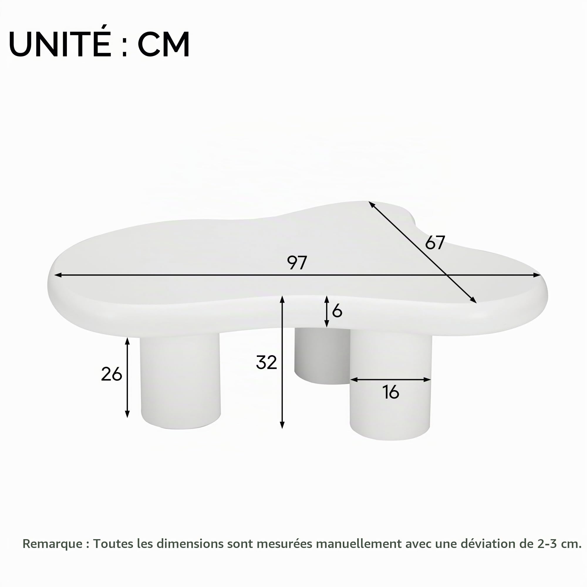 BTM Table Basse Irrégulière en Forme De Nuage, 97cm Longueur, 67cm Largeur, 32cm Hauteur, MDF avec Protège-Sols en Tissu, Surface Laquée, Table Créative