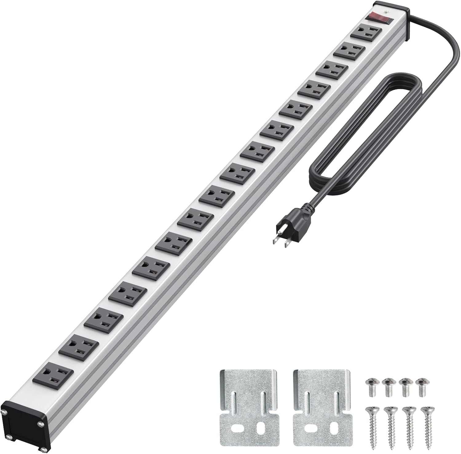 QBA 16 Outlet Metal Power Strip, Long Power Strip with 10FT Extension Cord, Wall Mount Heavy Duty Power Strip for Home Office Garage Warkshop, ETL Certified, Black