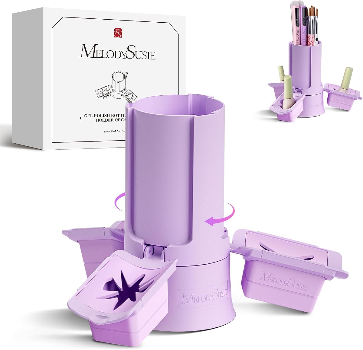 MelodySusie Nail Polish Bottle Holder and Nail Art Tools Organizer Purple | 360° Rotating Storage Container, GelCarousel, 3Pcs Detachable Silcone Gel Polish Holder, Only Box, Salons & Home Use