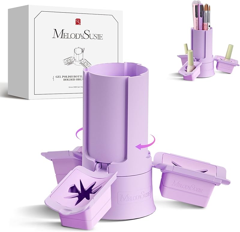 MelodySusie Nail Polish Bottle Holder and Nail Art Tools Organizer Purple | 360° Rotating Storage Container, GelCarousel, 3Pcs Detachable Silcone Gel Polish Holder, Only Box, Salons & Home Use