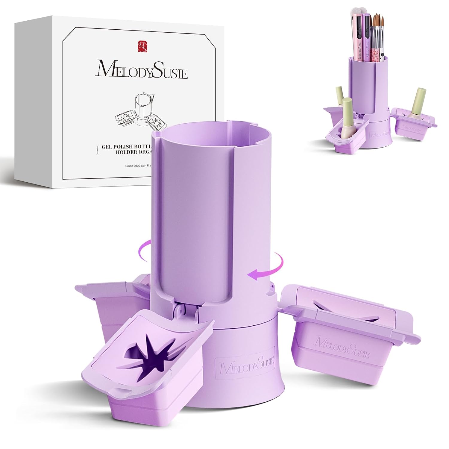 MelodySusie GelCarousel For Nail Polish Bottle Holder and Nail Art Tools Organizer, 360° Rotating Storage Container with 3Pcs Detachable Silcone Gel Polish Holder, Purple(Only Box)