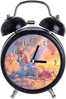 Children's Alarm Clock Retro Silent Pointer Clocks Round Number Dual Bell s Loud Alarm Clock Black Colors Bedside Night Light Home Decors Fairytale Unicorn