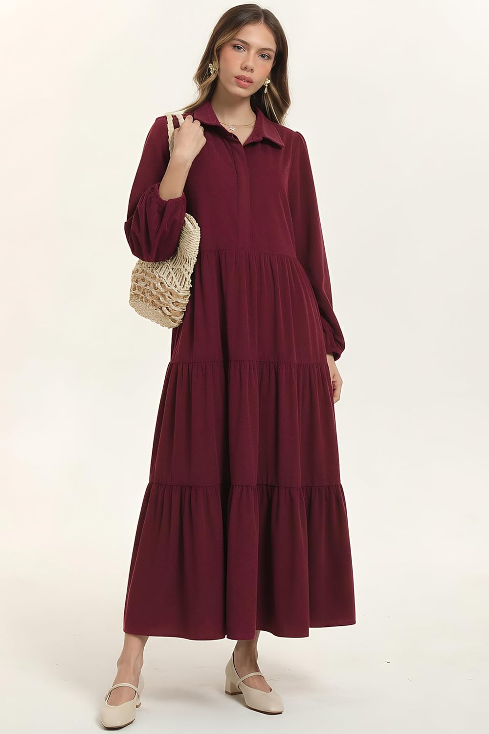 D-Sun Women Corduroy Maxi Dress Casual Long Sleeve Button Down Fall Winter Shirt Long Tiered Flowy Corduroy Dress with Pocket - Image 6