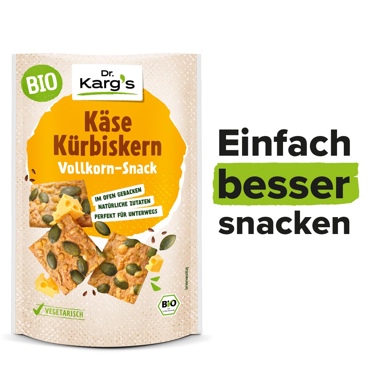 Dr. Karg’s BIO Vollkorn-Snack Käse Kürbiskern - knusprig, vegetarisch, Snack mit Emmentaler & Kürbiskerne, 100% Vollkornmehl & ohne Zusatzstoffe, 10x110g
