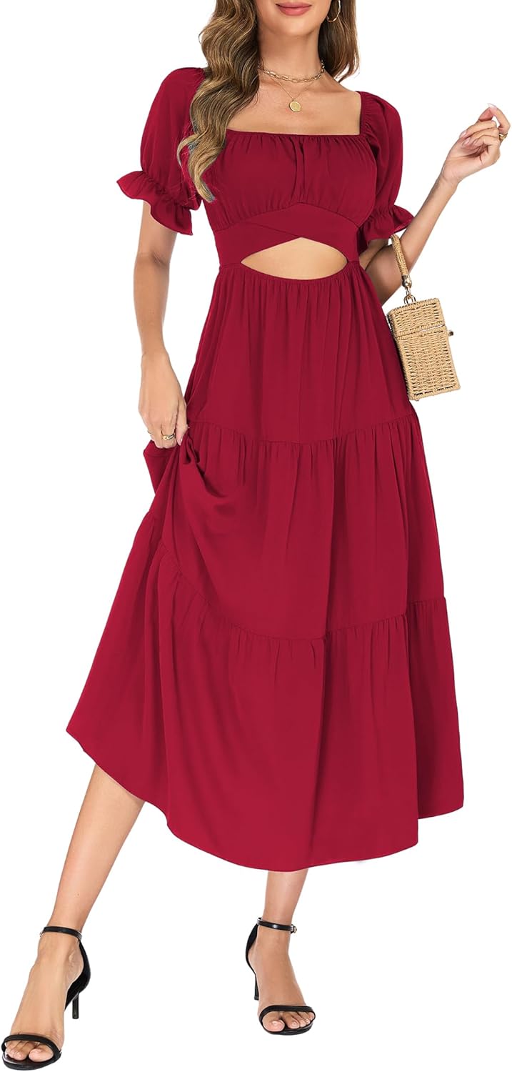 Mokayee Womens Summer Short Sleeve Ruffle Tiered Square Neck A Line Cutout Flowy Vacation Beach Maxi Dresses - Image 5