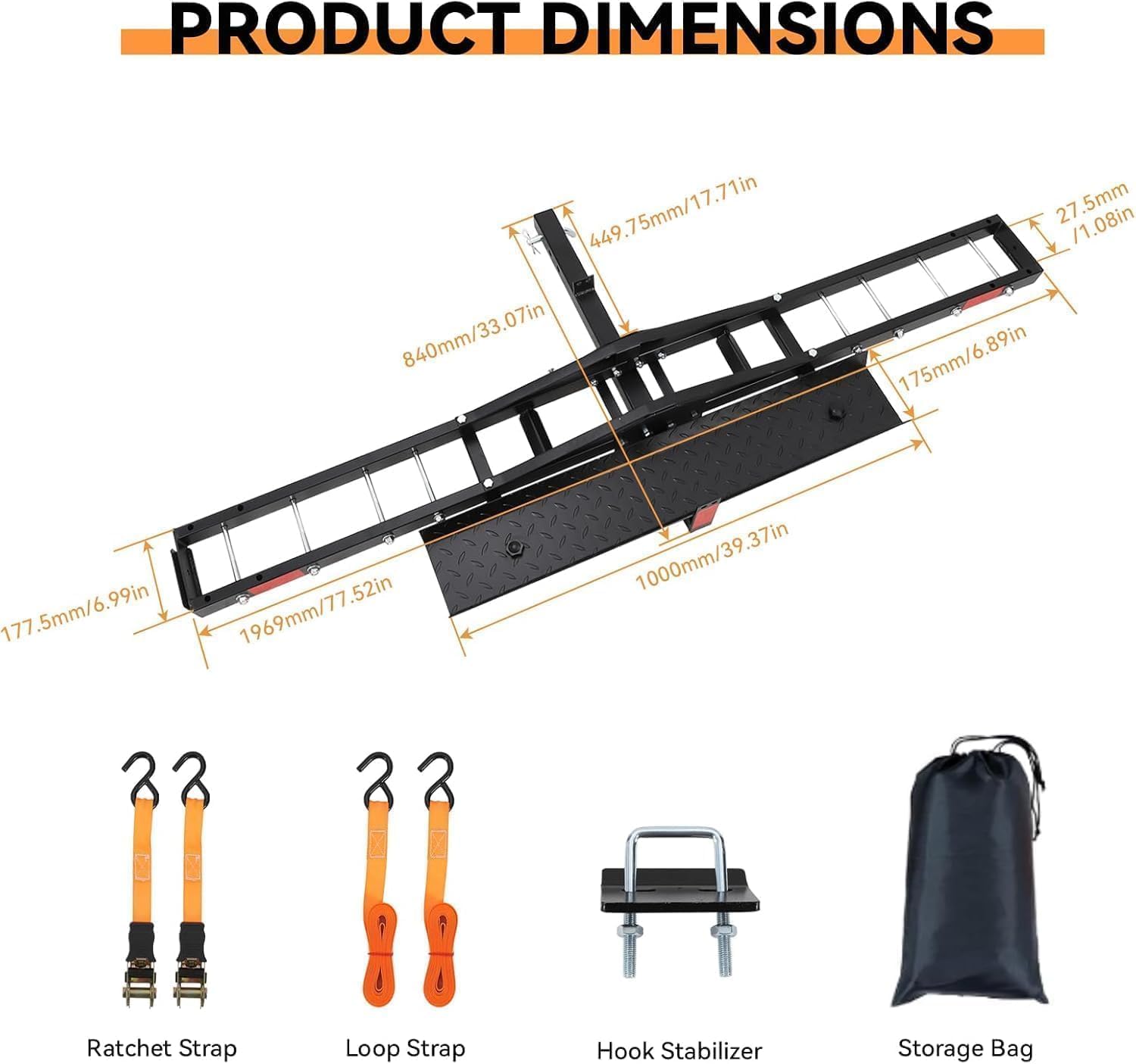 Heavy Duty Motorcycle Hitch Carrier, 600 Lbs Capacity Moto Hauler for Dirt Bikes & Electric Bikes, Fits 2" Receiver, Anti-Wobble Anti-Rust Motorcycle Rack for Truck/RV/Trailer