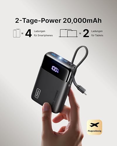 INIU Power Bank, Pequeño 20000mAh 45W Carga Rapida Travel Batería Externa | Cable USB C integrado, Apto para Avión, Viaje Esenciales de Viaje, Batería portátil para iPhone 18 17, Samsung, Xiaomi etc. - 4