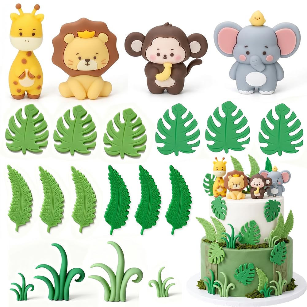 Jungle Ocean Animal/Car/Highland Cows/Mushrooms Cake Toppers Set, Safari Wild Cake Decorations, 3D Lifelike Figurines Grass Tropical Leaves For Kids Birthday Baby Shower Party (Jungle animals)