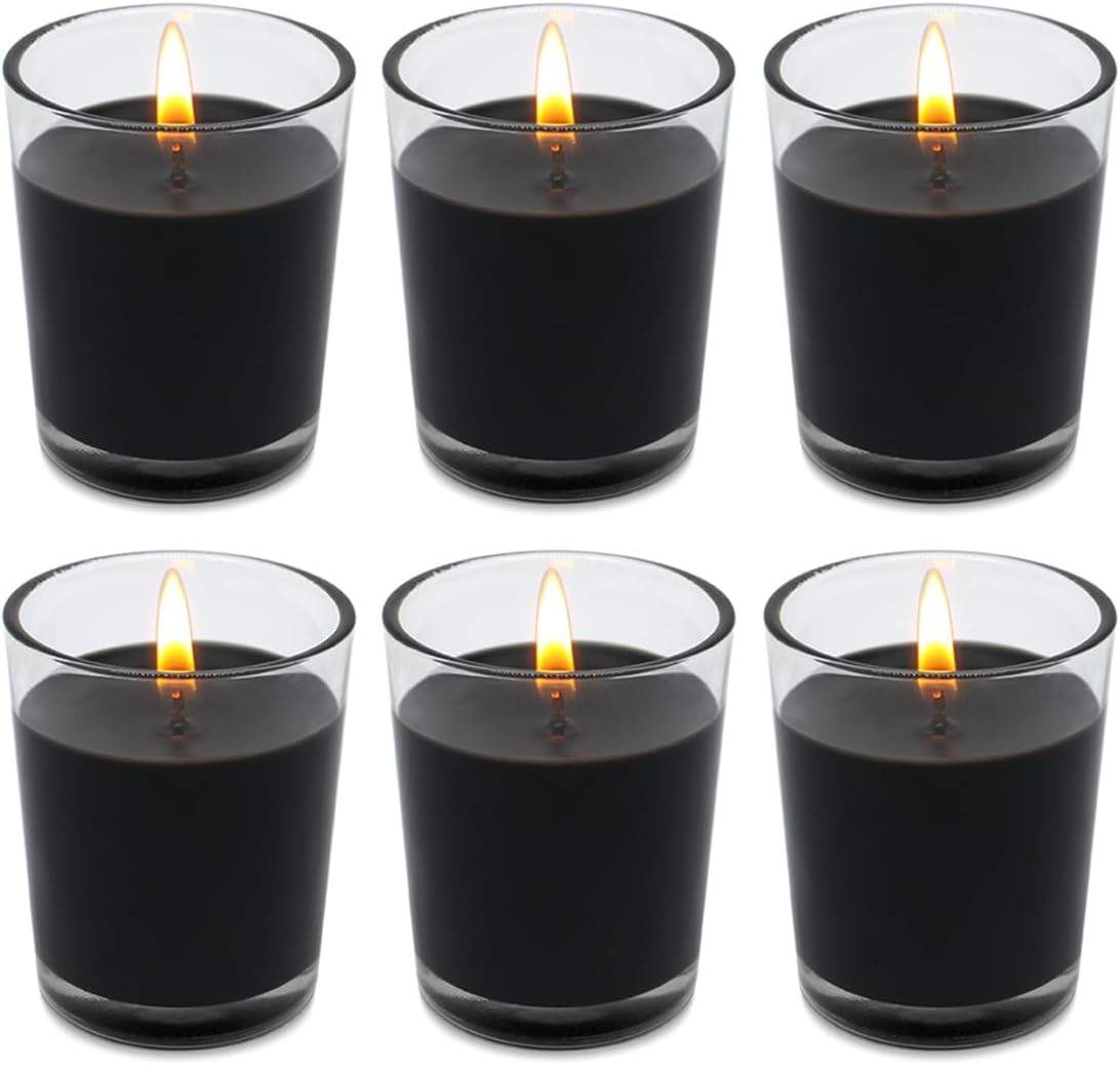 Set of 6 Black Votive Candles, Clear Glass Filled Unscented Soy Wax Candle for Home Décor Weddings Spa Holidays Party and DIY