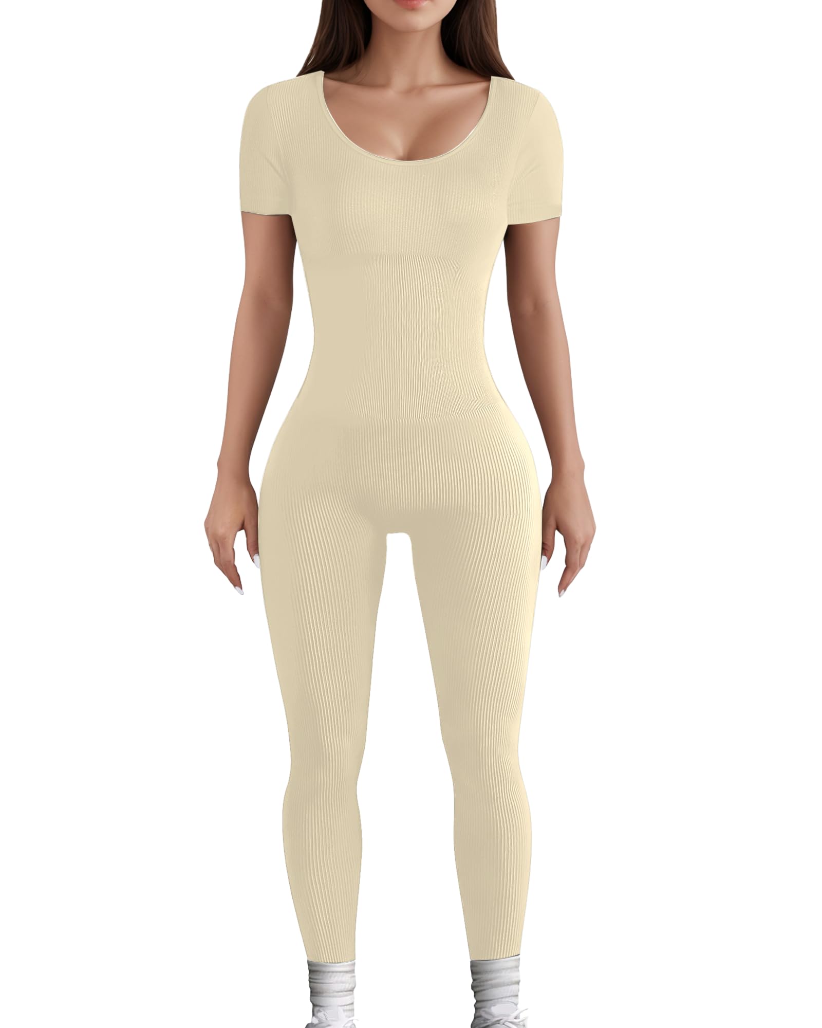 AURUZA Jumpsuit for Women Workout Seamless Jumpsuits Ribbed One Piece Tank Tops Rompers Short Sleeve Exercise Jumpsuits