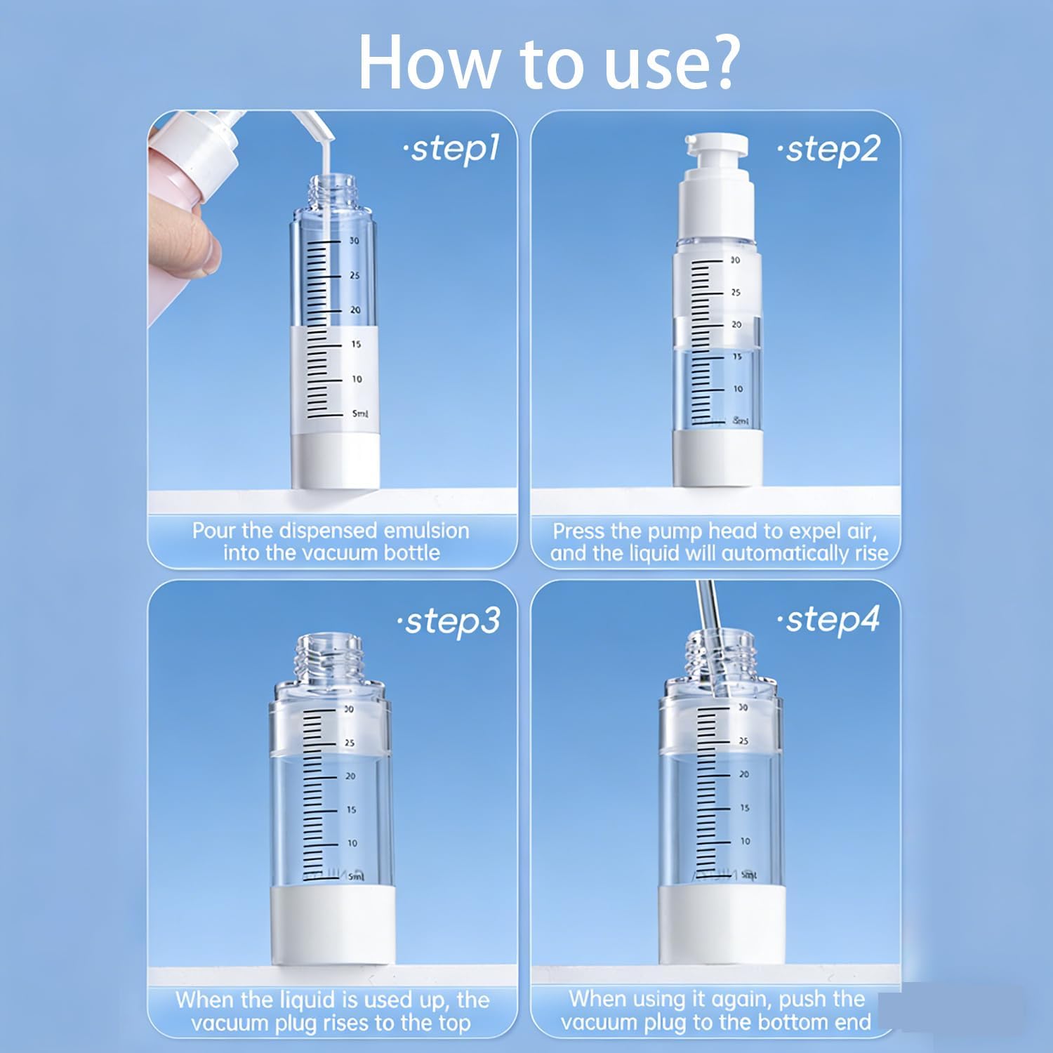 Travel Bottles for Toiletries 4 Pack 30ml, Airless Pump Bottles Refillable with Measurement Scale, Leak Proof TSA Approved Travel Size Containers for Shampoo, Lotion, Cosmetic, Toiletries