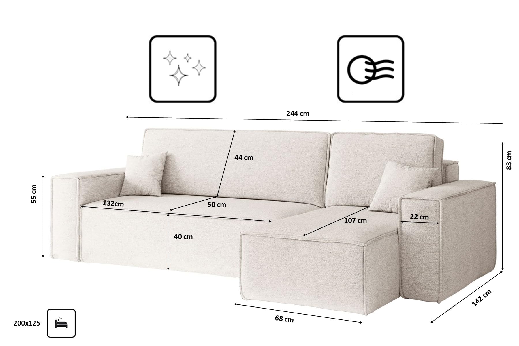 Kaiser Möbel, Ecksofa mit schlaffunktion, mit Bettkasten, Schlafsofa Best, Designer L-Form Sofa, Modern Design Couch, Polsterecke, Freistehend, Stoff Neve Ecru Rechts