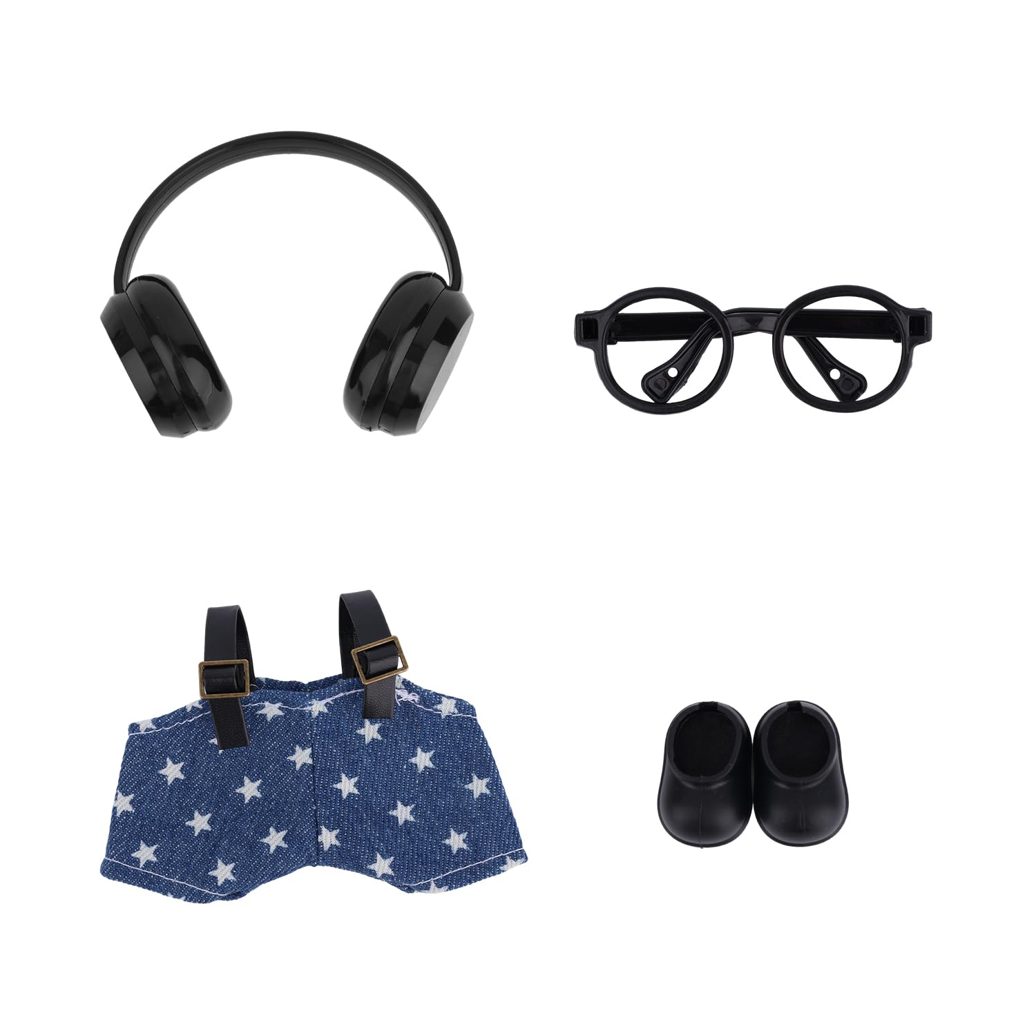 Photo 1 of **2 PACKS** 4pcs 17cm Doll Outfits Set, Include Overalls Headphone Glasses Shoes Fashionable and Causal Clothes and Accessories No Doll Included