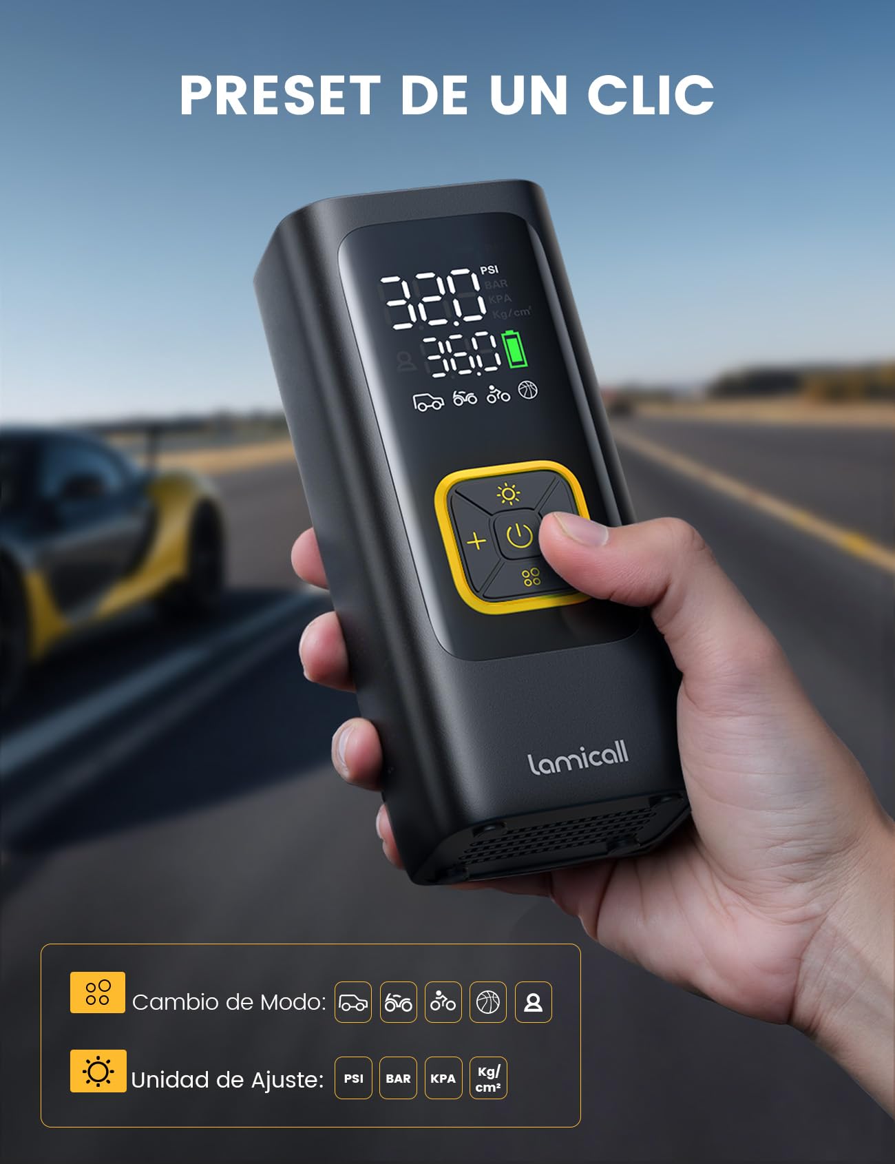 Lamicall Bomba Eléctrica de Bicicleta, Inflador de Neumáticos Portatil - [6000 mAh Batería] con Luz LED, Compresor Aire Portatil de 150 PSI con 3 Boquillas, Inflador Rueda para Coche/Moto/Bicicleta