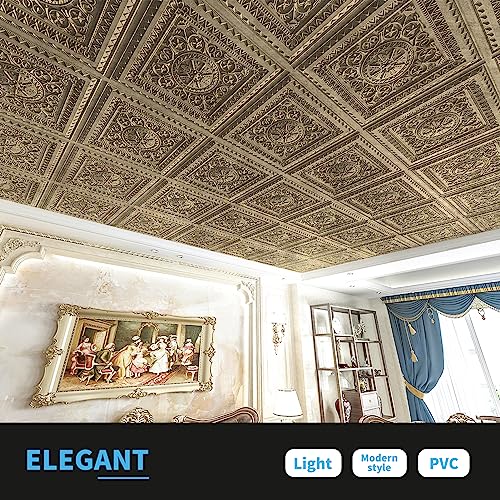 Image of Art3d Drop Ceiling Tiles, Glue up Ceiling Tiles, 2'x2' Plastic Sheet in Antique Gold (12-Pack, 48 Sq.ft)