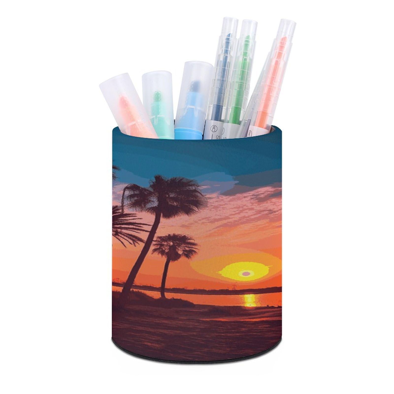 LDGSUPH Palm Tree Sunset Round Pen Holder Leather Pen Cup Pencil Cup Pen Organizer Pencil Holder for Desk Organizer Pencil Organizers Makeup Brush Holders for Home Office Gift