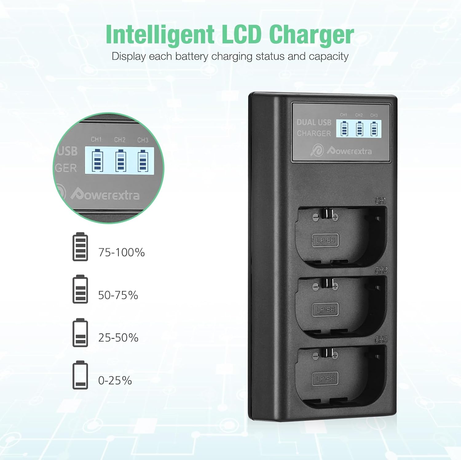 LP-E6 / LP-E6N Battery 3 Pack with 3 Channel LCD Charger - Compatible with EOS 5D Mark IV/R5/R6/R6 Mark II/6D Mark II/5D Mark III/90D/80D/70D/R/XC10/XC15
