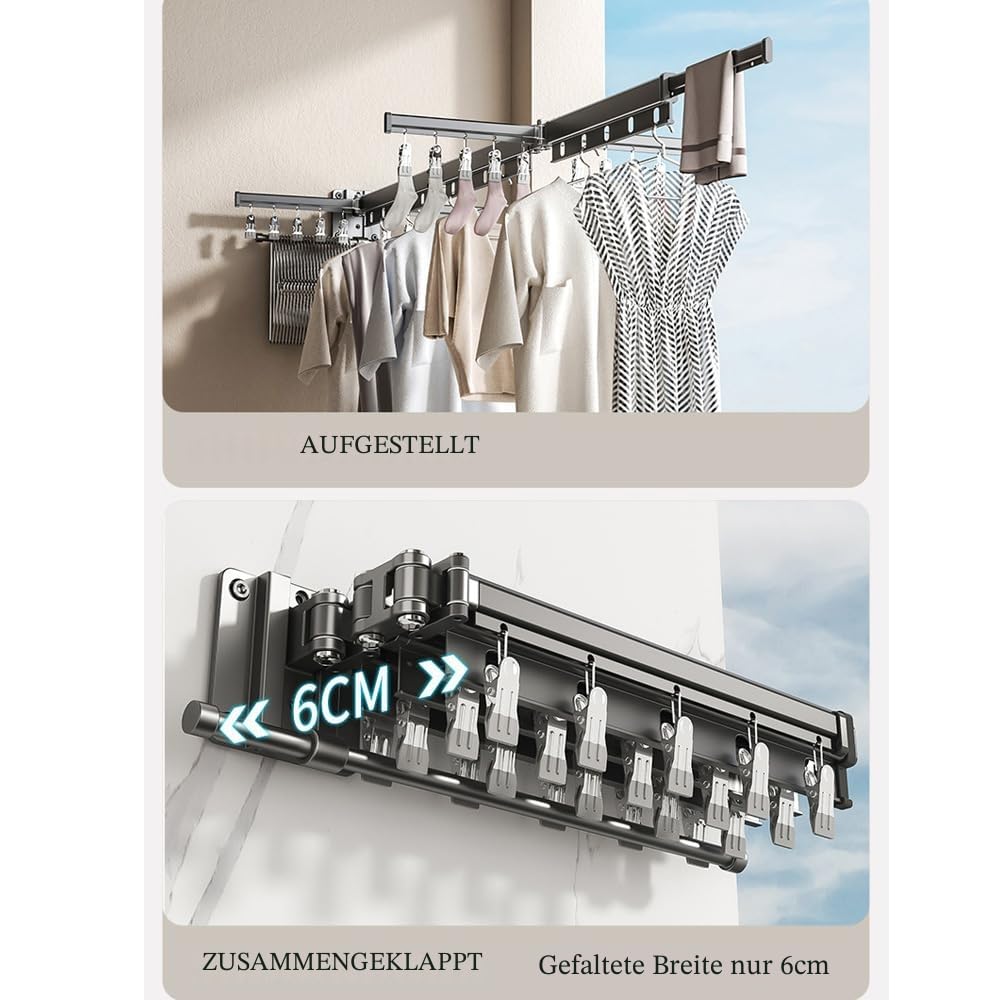 Hggzeg Wäscheständer zur Wandmontage, einziehbares Regal mit Haken, um 360 ° drehbar, dreifach, zusammenklappbar, für Balkon, Waschküche, Badezimmer (Bleigrau)