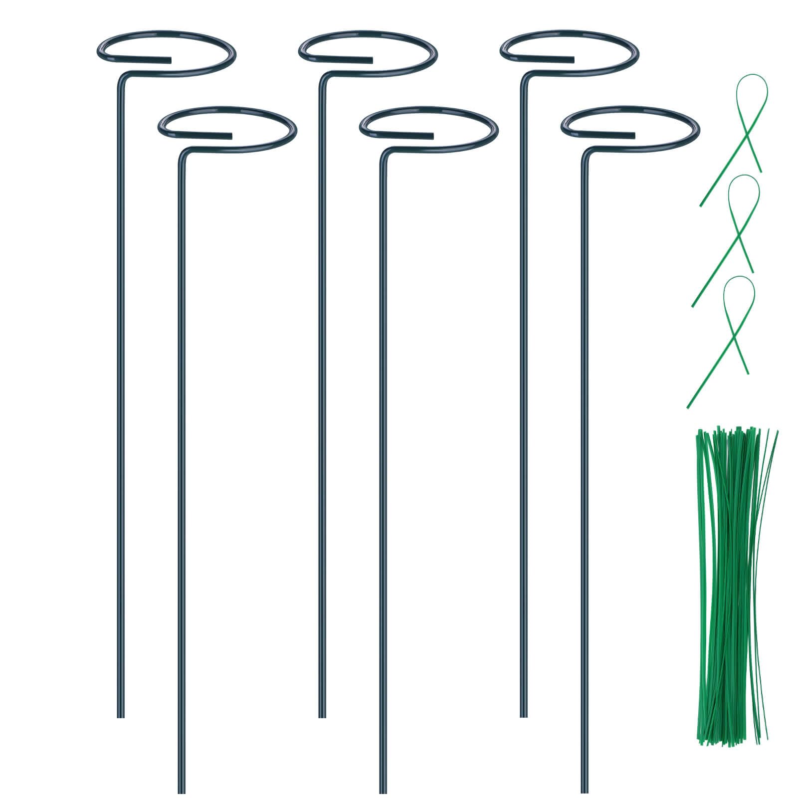 6 Pack Plant Support Stakes, 16 inch Plant Support Rings with 50 Pcs Plant Twist Ties, Plant Cages and Supports