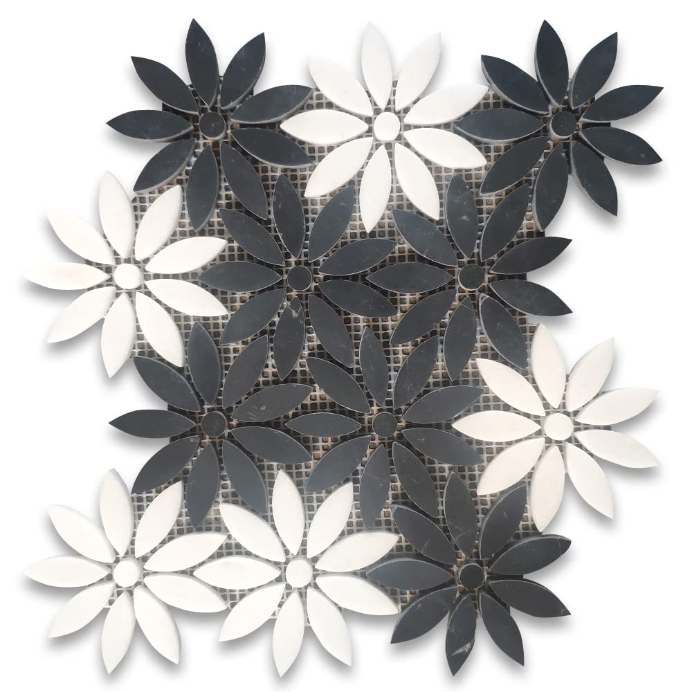 Stone Center Online Nero Marquina Black Thassos White Marble Daisy Field Flower Waterjet Mosaic Tile Honed Kitchen Bath Wall Floor Backsplash Shower (