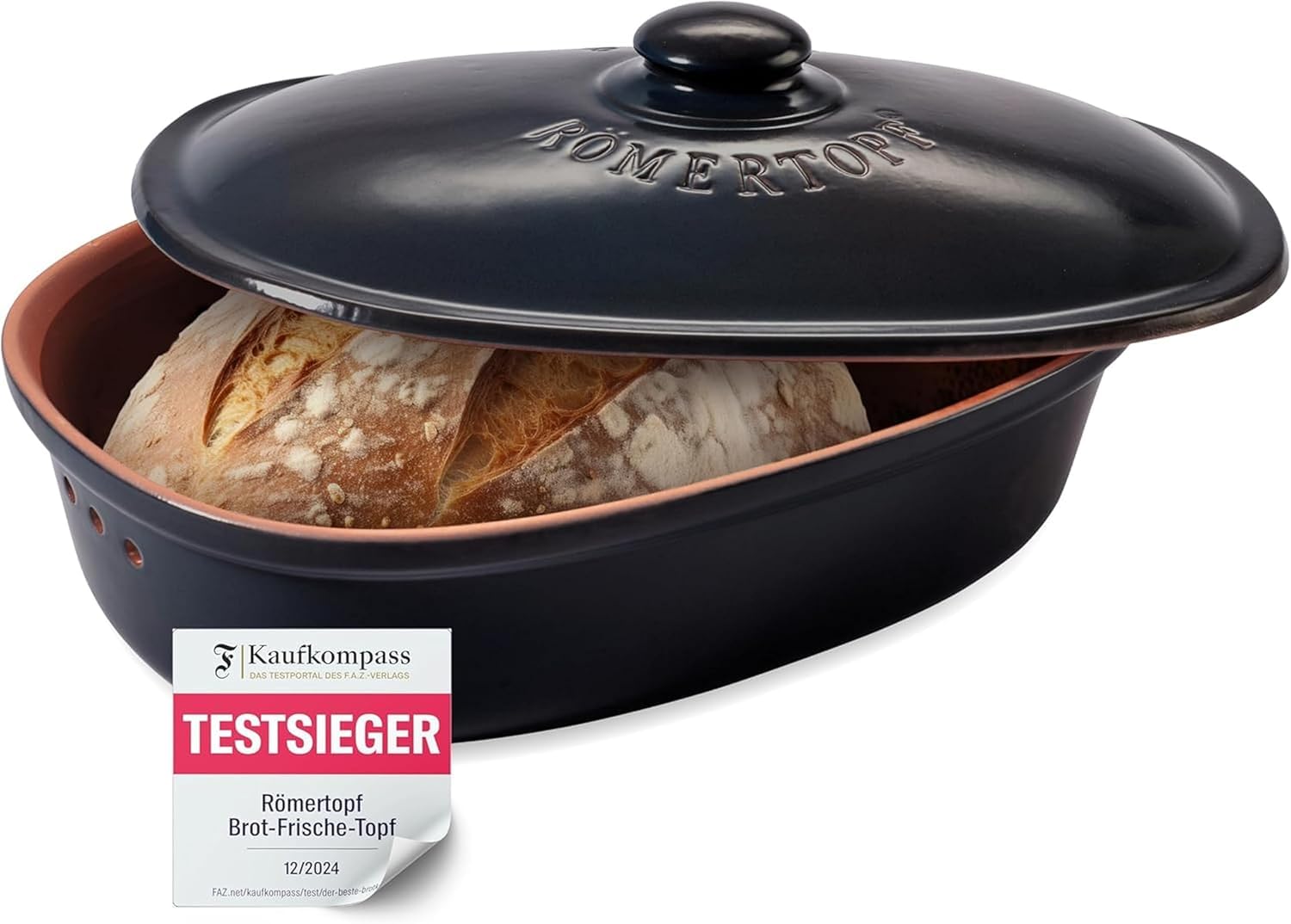 Römertopf Brottopf klein oval 2,3 L (MEDI) – kompakter Brotkasten aus Keramik mit Deckel für 1–2 Personen, hält Brot und Toastbrot frisch, atmungsaktiver Tontopf – Schwarz