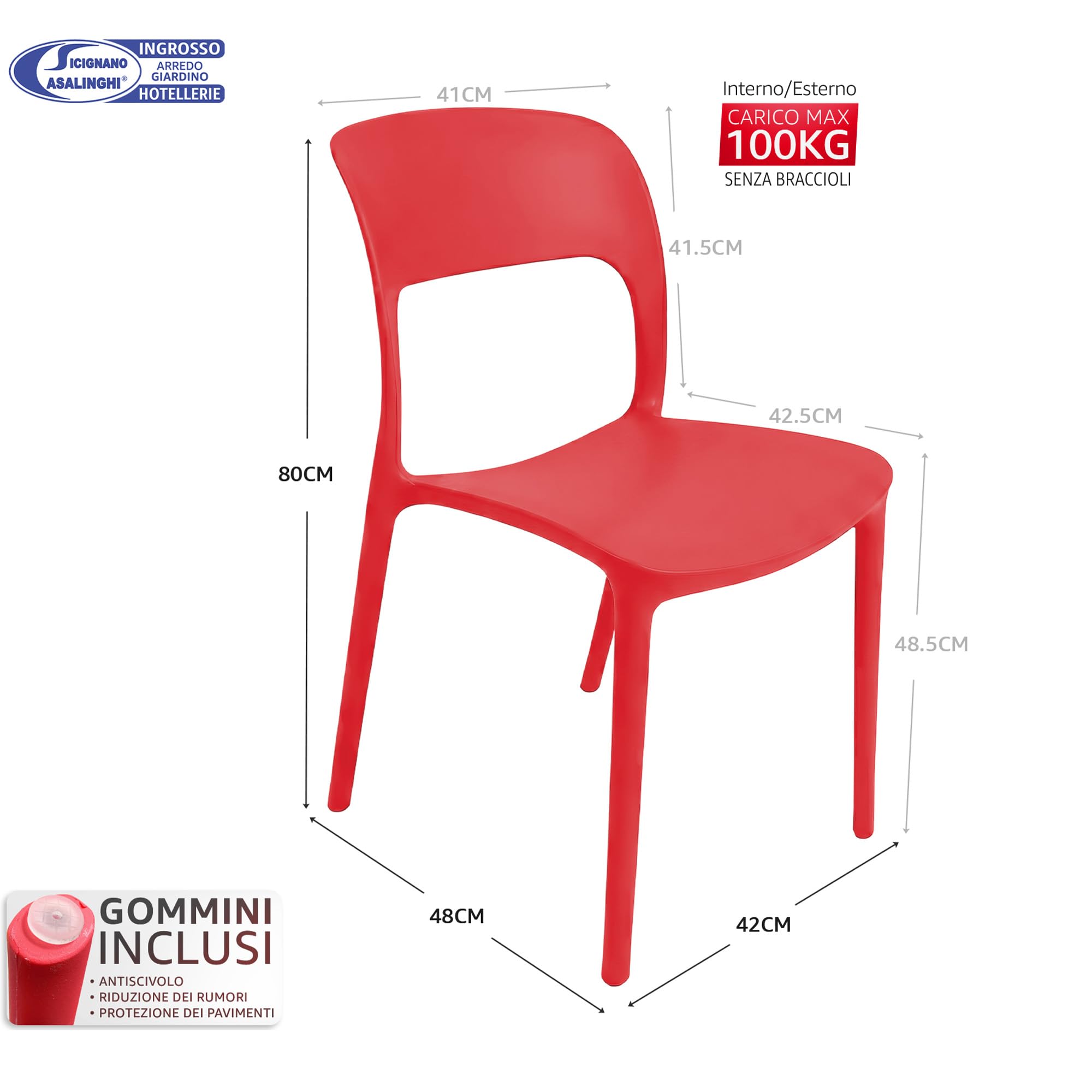 Sicignano Set di 2 Sedie Noemi in Polipropilene Senza Braccioli per Giardino, Esterni e Interni, Leggere, Impermeabili e Facili da Pulire (Rosso)