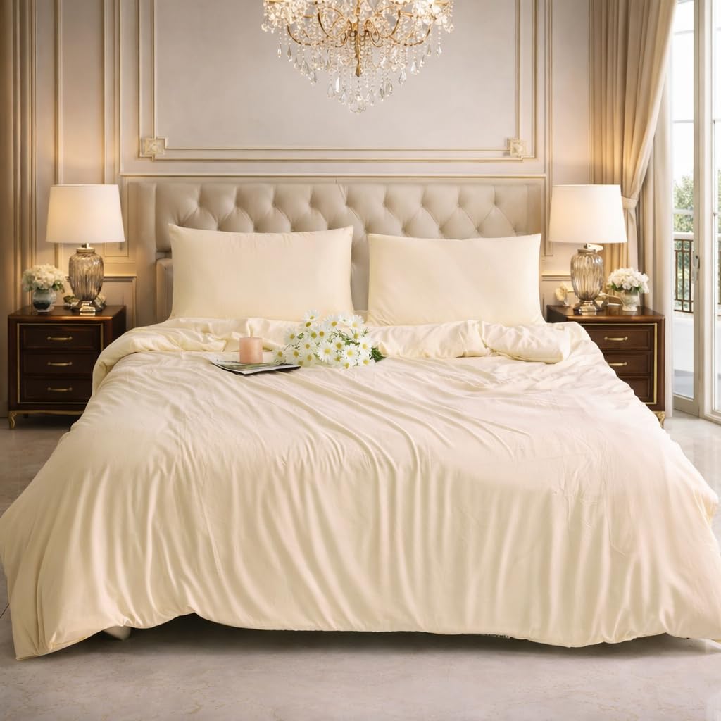 CHARKHAH King Size Duvet Cover Set Cream | Soft Microfibre Bedding Set with 2 Pillowcases | Reversible Quilt Cover with Zip Closure | Easy Care, Breathable | UK Size 230 x 220 cm