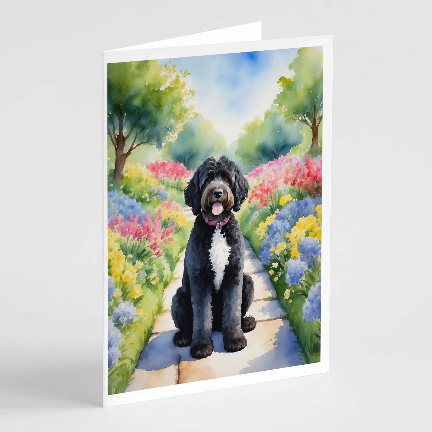 Caroline's Treasures Portuguese Water Dog Spring Path Greeting Cards Pack of 8 Blank Cards with Envelopes Whimsical A7 Size 5x7 Blank Note Cards