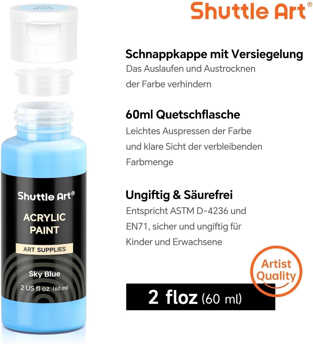 Shuttle Art 36 Acrylfarben Set + 15 Leinwände auf Keilrahmen, 36 Acrylfarben in Flaschen (je 60ml) mit 12 Pinselset, 10 x 10, 13 x 18, 20 x 25, 23 x 30, 28 x 36 cm weiße Leinwände zum Bemalen, je 3 St