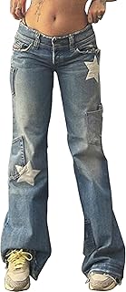 DINGJIUYAN Y2k Vintage Jeans Women Pocket Stitching Straight Star Denim Pants Wide Leg Low Waist Streetwear Jeans