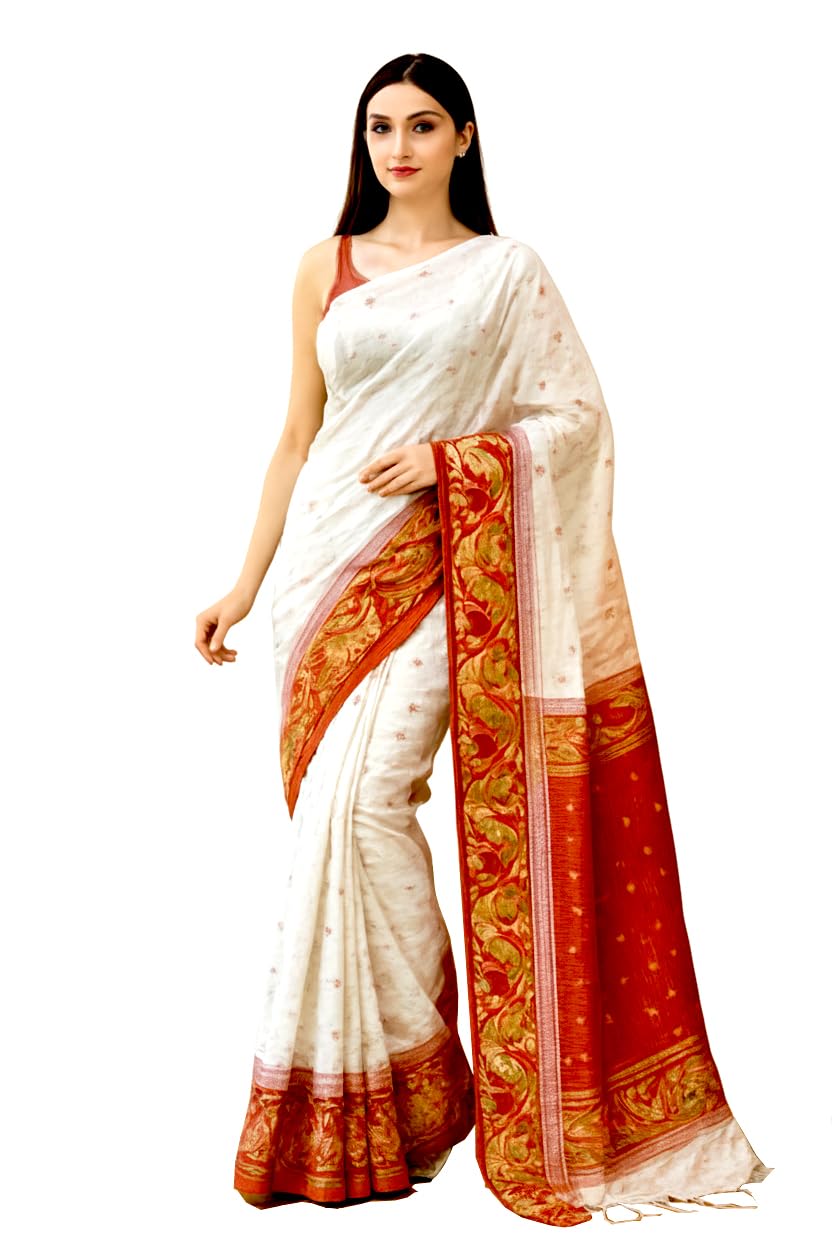 k2 trading Cotton Silk Handloom Jamdani saree ethnic wear for Women and girls Red and White-picture-19