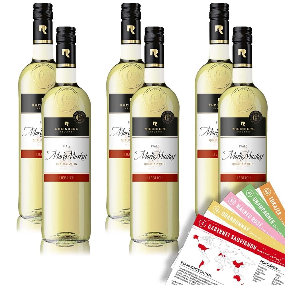 Rheinberg Morio Muskat QbA, lieblich, sortenreines Weinpaket + VINOX Winecards (6x0,75l)