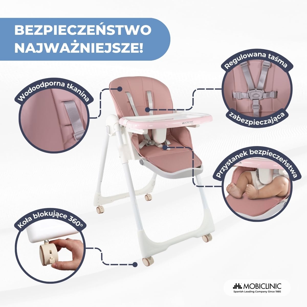 Mobiclinic®, Wysokie krzesełko dla dziecka, Evolutive, Dodatkowe składanie, Możliwość przekształcenia w krzesełko, Simba, 5-punktowe, Kółka z hamulcami, Podwójna wyjmowana tacka