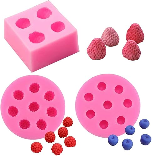 Juego de 3 moldes 3D de silicona para fondant de fresa, frambuesa y arándano, velas de jabón, cera de morera, moldes para derretir bayas, chocolate