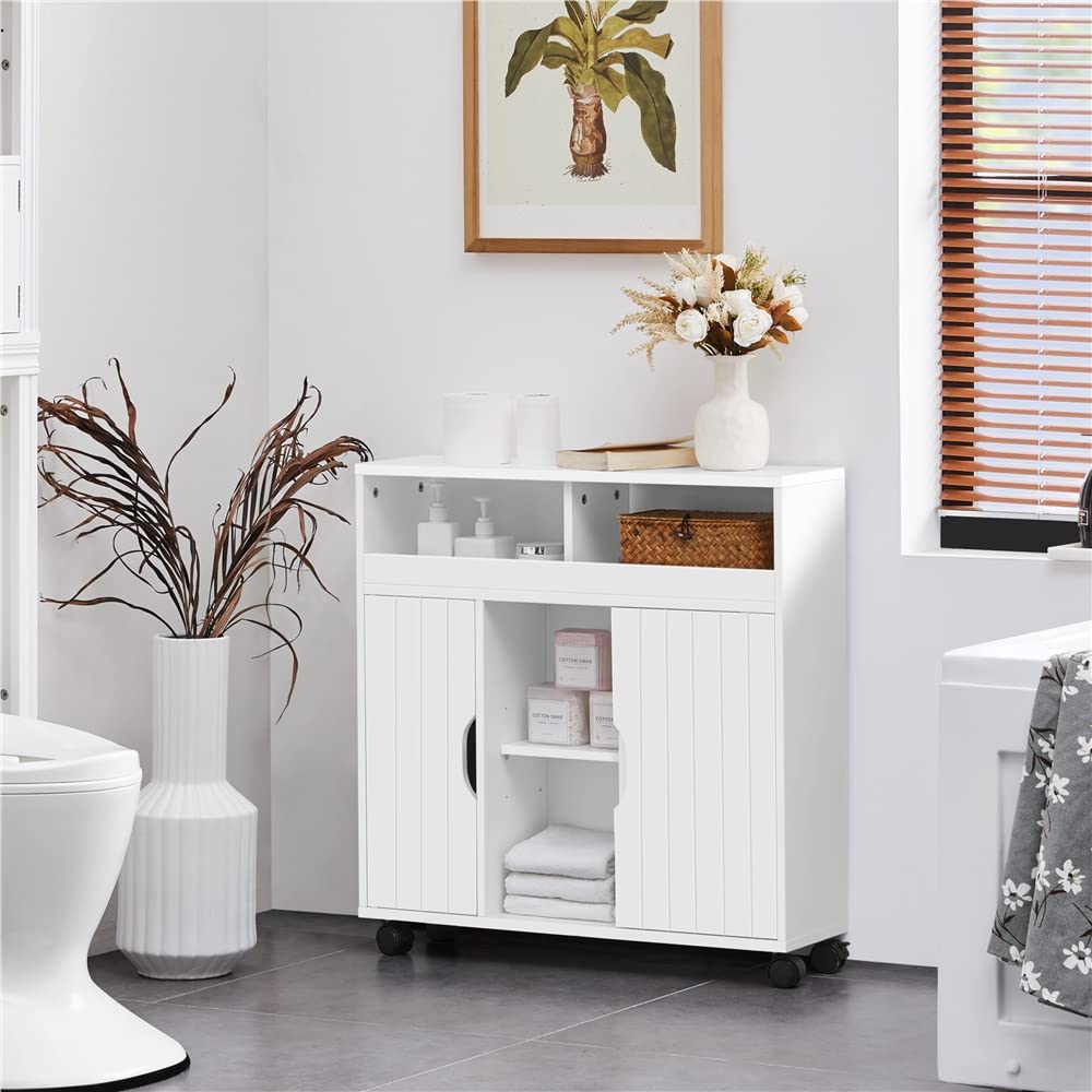 Yaheetech Mueble de Baño con Ruedas Armario de Suelo Estrecho con Puertas Correderas Mueble Cocina Auxiliar de Madera Lacada con Estantes para Espacio Estrecho 20 x 69.5 x 71.5 cm,Blanco