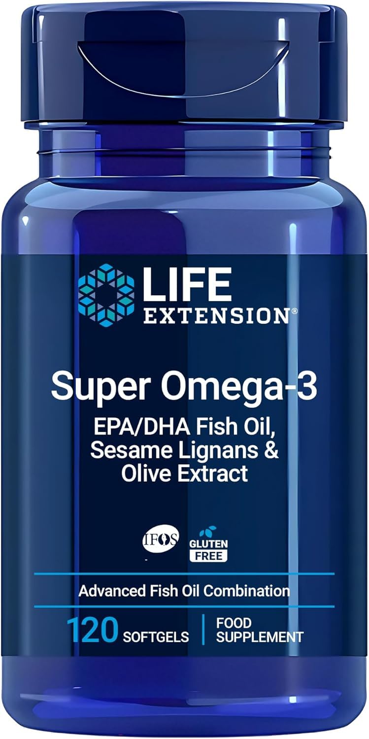 Life Extension - Super Omega-3 Plus EPA/DHA 120 Gélules - Lignanes de Sésame, Extrait d'Olive - Oméga-3 Haute Dose pour la Santé Cardiaque et Cérébrale